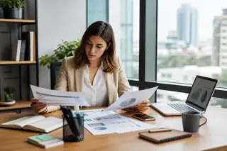 Jeune entrepreneuse concentrée à son bureau, comparant des documents et son ordinateur, dans un bureau lumineux avec vue sur la ville.