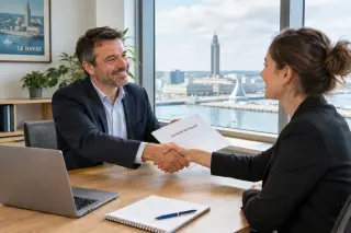 Un dirigeant d'entreprise tend un contrat à une nouvelle recrue souriante dans un bureau lumineux avec vue sur Le Havre, ambiance professionnelle et chaleureuse.
