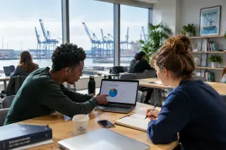 Two young adults working on laptops in a sunny co-working space at a university in Le Havre, with port cranes visible through large windows in the background.