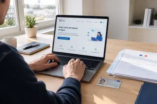 Modern home office with a laptop on a wooden desk showing a business registration website, official documents and an ID card arranged neatly, and a person's hands typing, all in soft natural light.