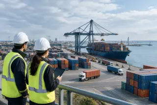 Deux professionnels observent les opérations logistiques dans le port du Havre, parmi les conteneurs, les grues et un porte-conteneurs.